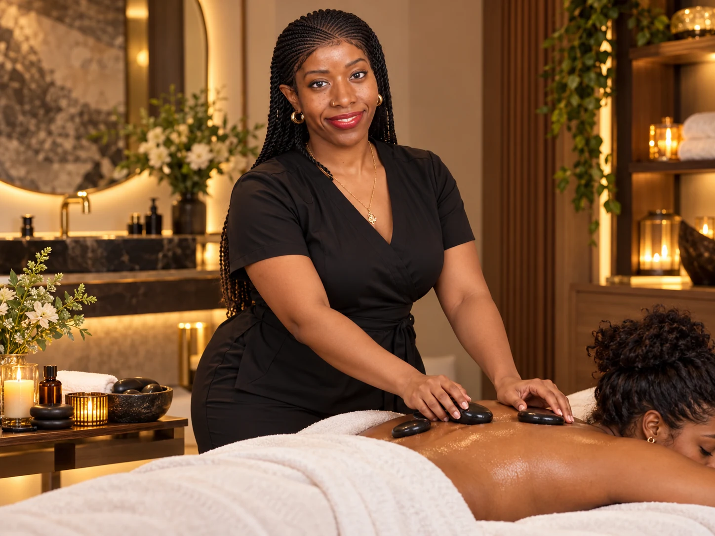 Black woman massage therapist providing a hot-stone massage to a female client